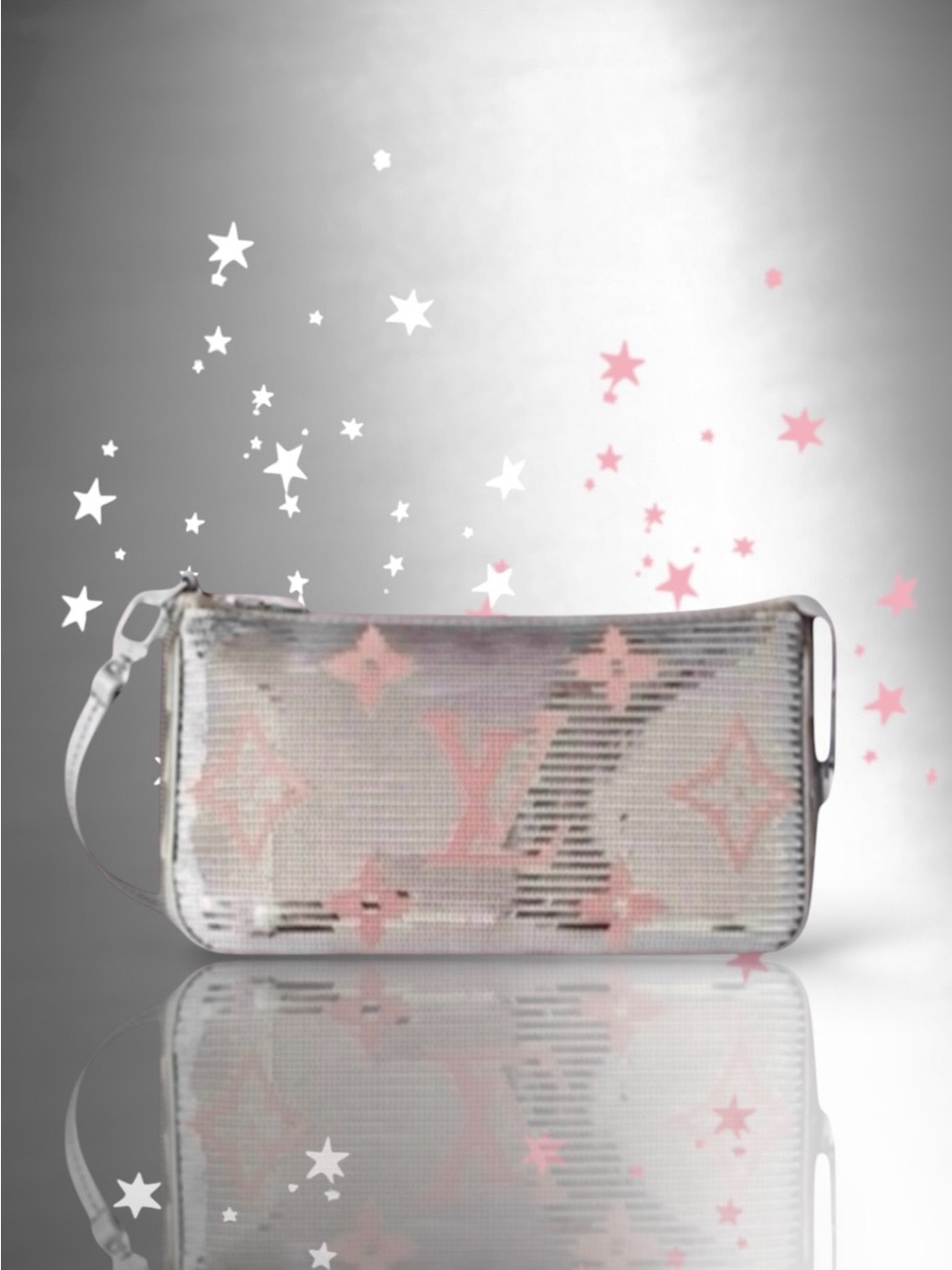 🆕💗LOUIS VUITTON Pochette Accessoires SILVER & PINK Sequins PINK 'LV' Logo Ltd Ed